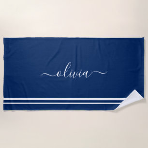 Nautical Add Name Script Navy Blue Striped Strandlaken