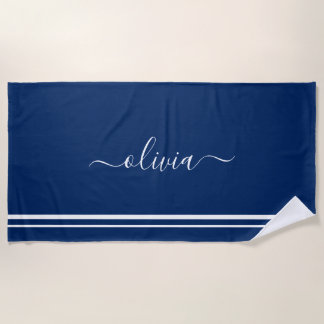 Nautical Add Name Script Navy Blue Striped Strandlaken