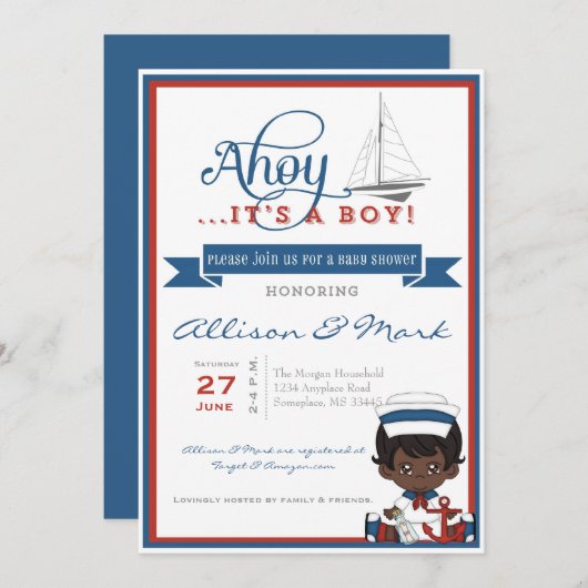 Nautical African American Baby shower Invitation Kaart (Voorkant / Achterkant)