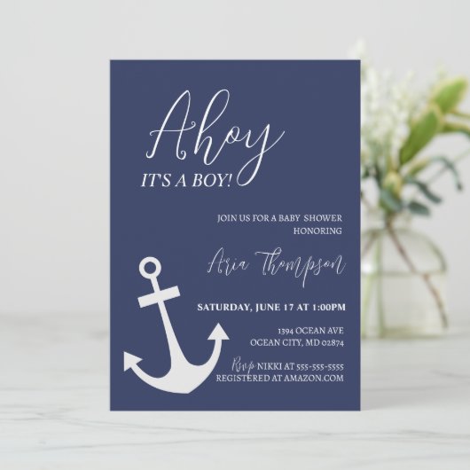 Nautical Ahoy Het is een Jongen Baby shower Uitnod Kaart (Staand voorkant)