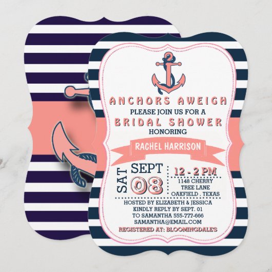 Nautical Anchor Beach Bridal Shower Invitations Kaart (Voorkant / Achterkant)