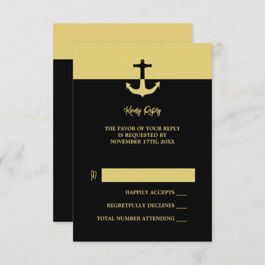 Nautical Anchor - Black Gold - Beach Weddenschap RSVP Kaartje (Voorkant / Achterkant)