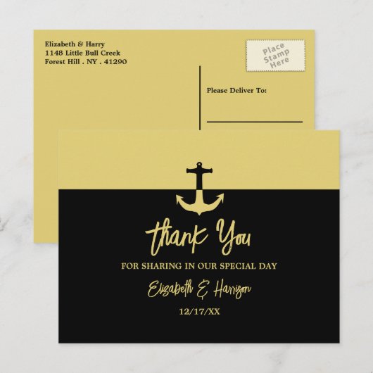 Nautical Anchor - Black Gold - Weddenschap Harteli Briefkaart (Voorkant / Achterkant)