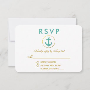 Nautical Anchor Blauwgroen Gold RSVP Kaartje