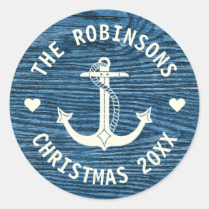 Nautical Anchor Blue Rustige Familie Naam Kerstmis Ronde Sticker