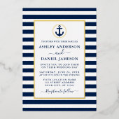 Nautical Anchor Blue Stripes Wedding Gold Folie Uitnodiging (Voorkant)