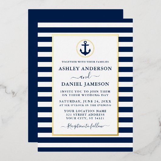 Nautical Anchor Blue Stripes Wedding Gold Folie Uitnodiging (Voorkant / Achterkant)