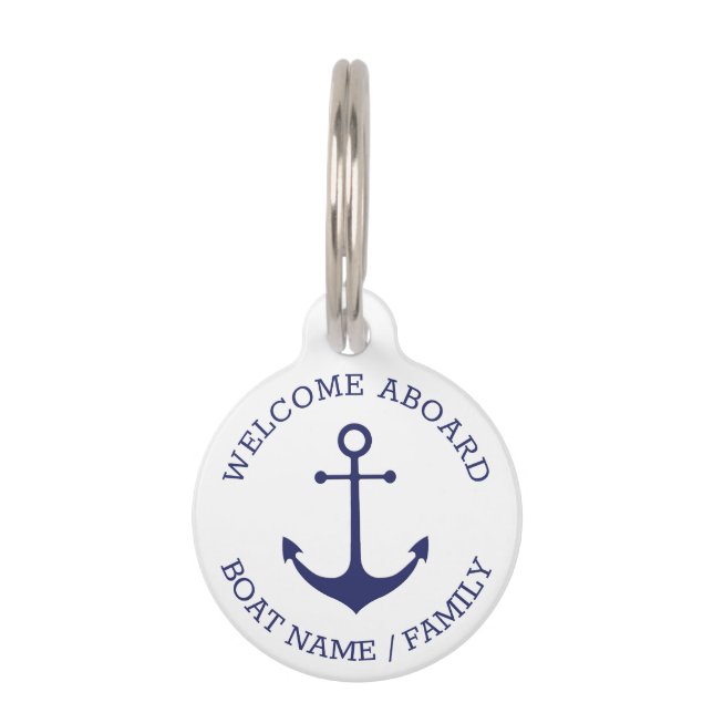 Nautical anchor blue white Custom Name dog cat Huisdierpenning (Voorkant)