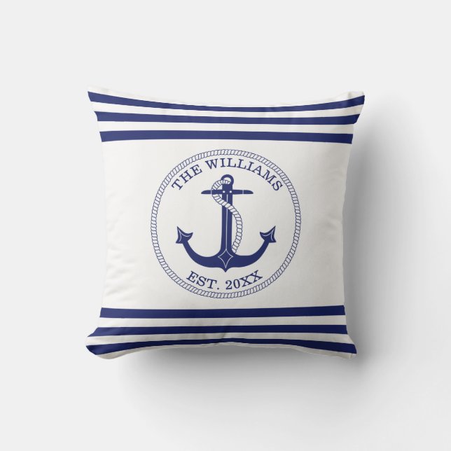 Nautical Anchor Blue White Stripes Aangepaste naam Kussen (Voorkant)