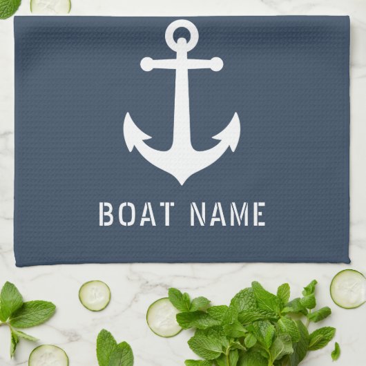 Nautical Anchor Boat Name Navy Blue Grey Theedoek (Gevouwen)