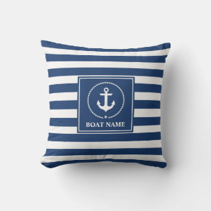 Nautical Anchor Boat Name Navy Blue Striped Buitenkussen