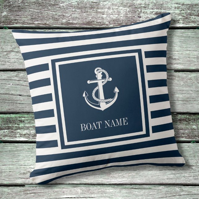 Nautical Anchor Boat Name Navy Blue Striped Kussen (Creator heeft geüpload)