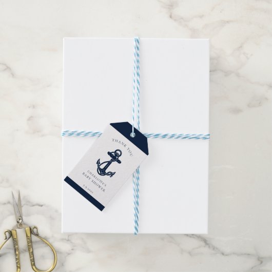 Nautical Anchor Coastal Boy Baby shower Cadeaulabel (Met Touw)
