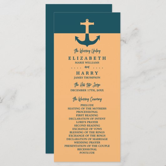 Nautical Anchor - Coral Blue - Wedding Programme Programma (Voorkant / Achterkant)