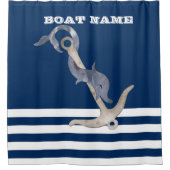 Nautical, Anchor Dolphin Navy Blue Striped Douchegordijn (Voorkant)
