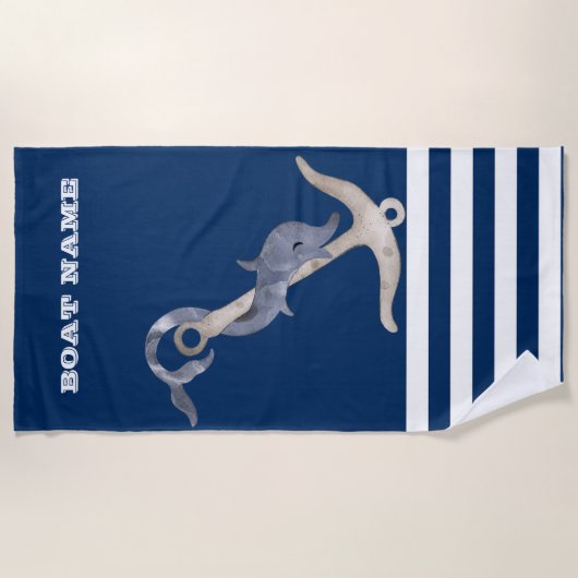 Nautical, Anchor Dolphin Navy Blue Striped Strandlaken (Voorkant)
