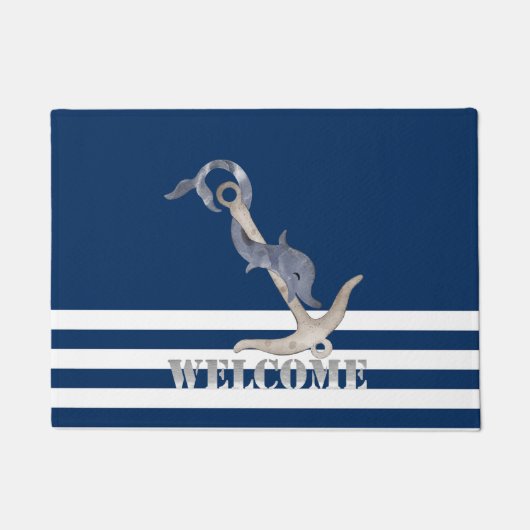 Nautical Anchor Dolphin Navy Blue Stripes Welcome Deurmat (Voorkant)