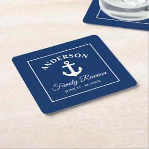 Nautical Anchor Family Reunion Navy Blue White Vierkante Kartonnen Onderzetter