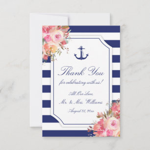Nautical Anchor Floral Blue Stripe Wedding Bedankkaart