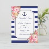 Nautical Anchor Floral Blue Stripe Wedding Save The Date (Staand voorkant)