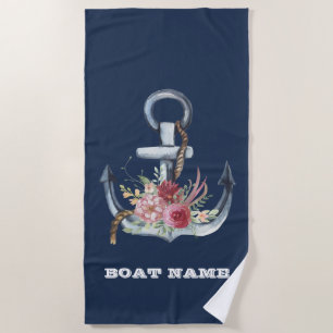 Nautical Anchor Floral Boat Name Navy Blue Strandlaken