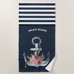 Nautical Anchor Floral Boat Name Navy Blue Stripe Strandlaken