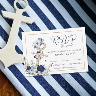 Nautical Anchor Floral Elegant Script Navy Blue RSVP Kaartje