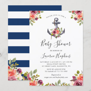 Nautical Anchor Floral Navy Stripes Baby shower Kaart