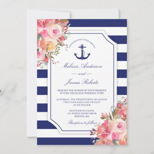 Nautical Anchor Floral Roos Blue Stripes Kaart (Voorkant)