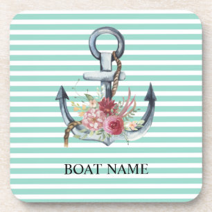 Nautical, Anchor Flowers Mint Green Stripes Bier Onderzetter