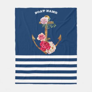 Nautical, Anchor Flowers Navy Blue Stripes Fleece Deken