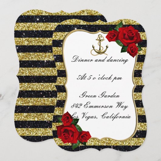 Nautical Anchor Gold Black Stripe WeddingReception Kaart (Voorkant / Achterkant)