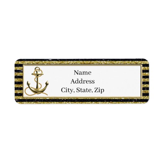 Nautical Anchor Gold Black Stripes Adresetiketten Etiket (Voorkant)