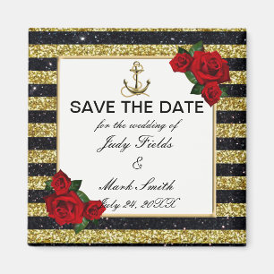 Nautical Anchor Gold Black Stripes Save the Date Magneet