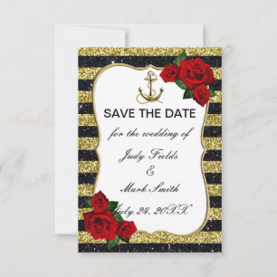 Nautical Anchor Gold Black Stripes Save the Date RSVP Kaartje