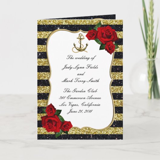 Nautical Anchor Gold Black Stripes Wedding Program Kaart (Voorkant)