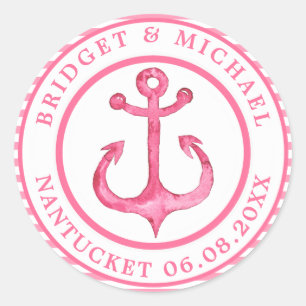 Nautical Anchor - Hot Pink Striped Personated Ronde Sticker