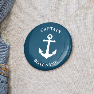 Nautical Anchor Kapitein Boat Name Blue Ronde Button 5,7 Cm