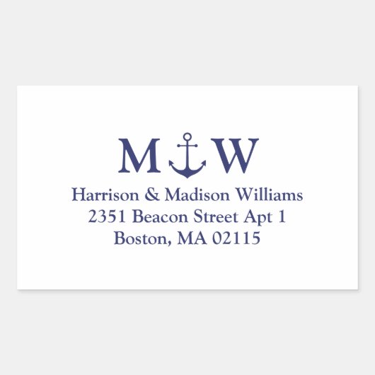 Nautical anchor marvy blue monogram bruiloft rechthoekige sticker (Voorkant)