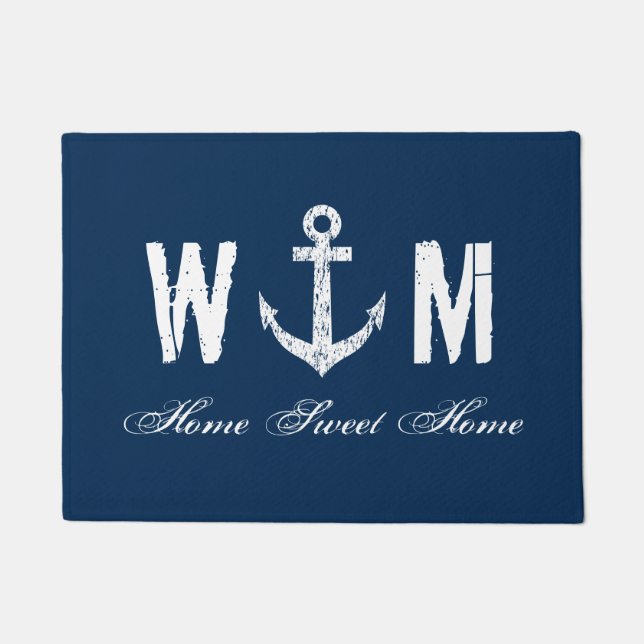 Nautical anchor monogram letter navy blue door mat (Voorkant)