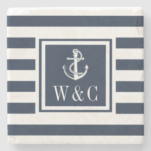Nautical Anchor Monogram Navy Blue Stripe Stenen Onderzetter