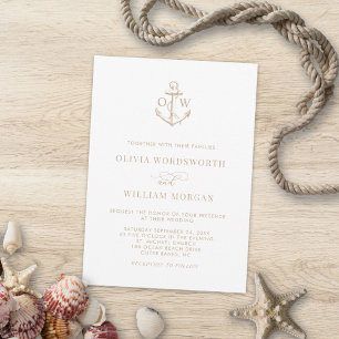 Nautical Anchor Monogram White Beige Wedding Kaart