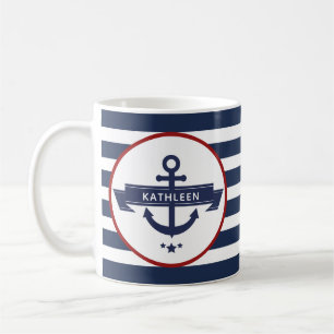 Nautical Anchor Name Navy Blue Stripes Koffiemok