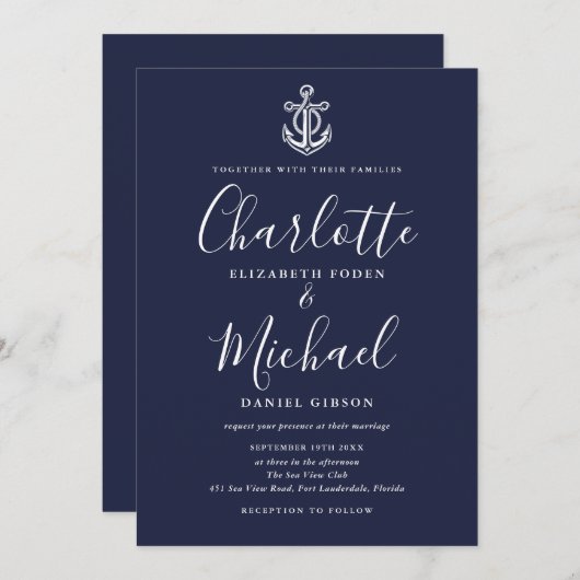 Nautical Anchor Navy Blue and White Script Weduwen Kaart (Voorkant / Achterkant)
