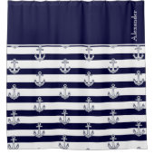 Nautical Anchor Navy Blue and White Stripes Douchegordijn (Voorkant)
