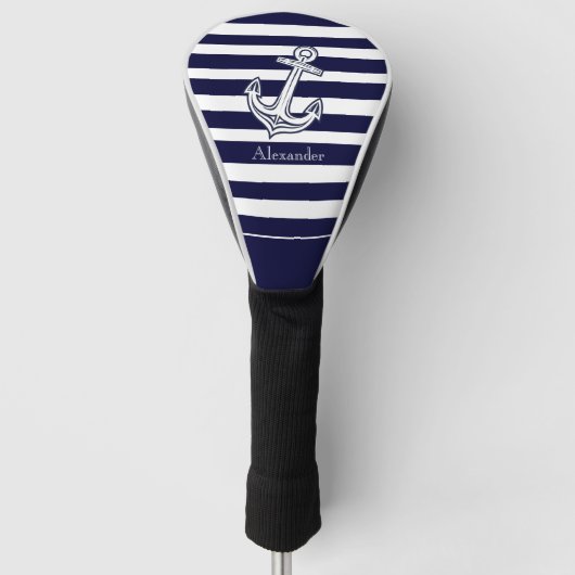 Nautical Anchor Navy Blue and White Stripes Golfheadcover (Voorkant)