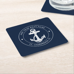 Nautical Anchor Navy Blue Boat Name Vierkante Kartonnen Onderzetter