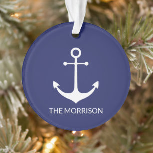 Nautical anchor navy blue custom boat name name  ornament