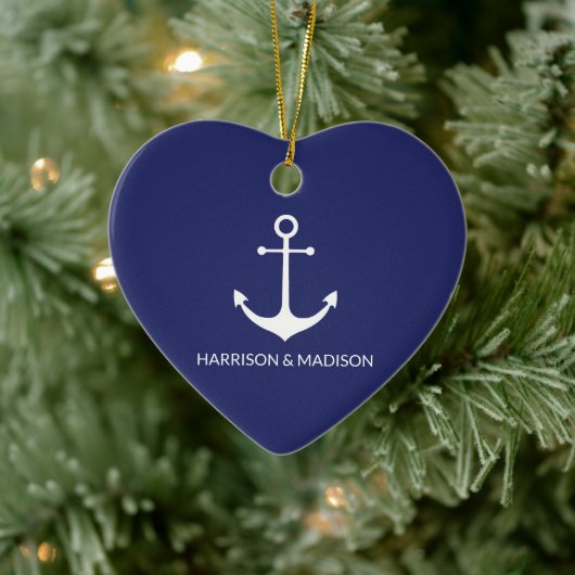 Nautical anchor navy blue custom name hart keramisch ornament (Boom)