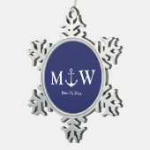 Nautical anchor navy blue douane-monogram tin sneeuwvlok ornament (Rechts)